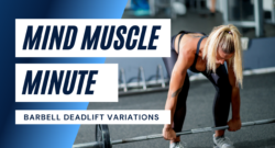 Barbell Deadlift variations blue and white background girl holding a barbell bentover at the waist