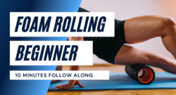 foam rolling image blue and white text with diagonal overlay showing a girl with a foam roller rolling her it band